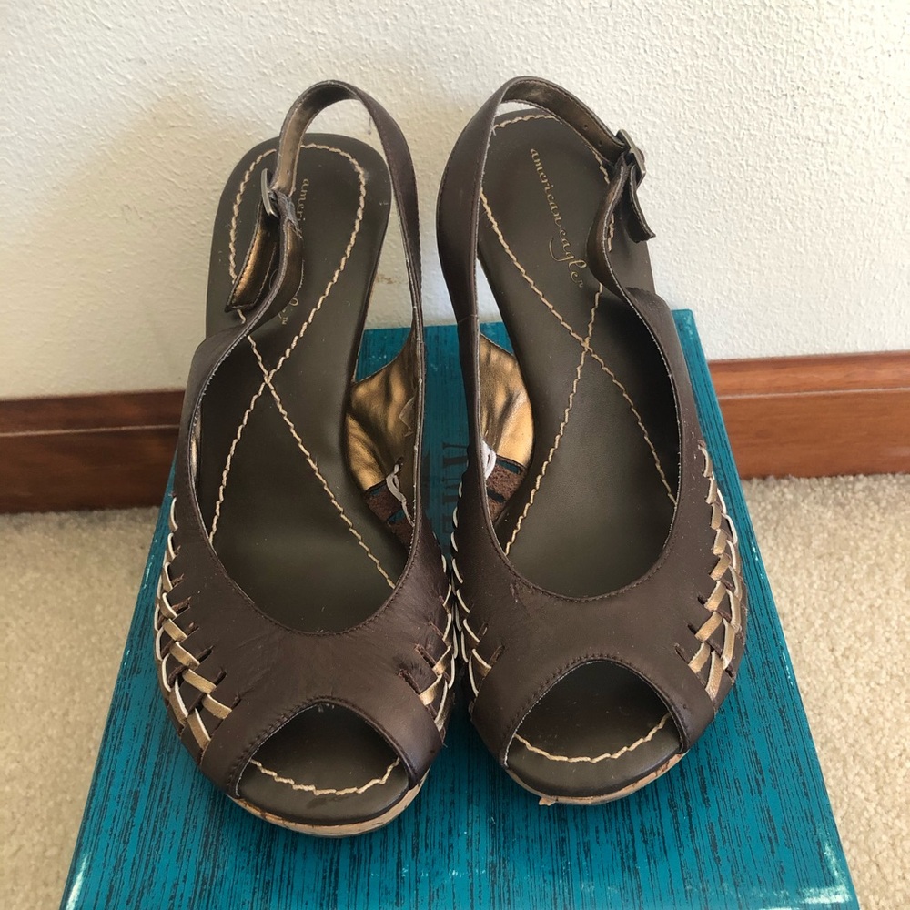 Brown peep-toe heels